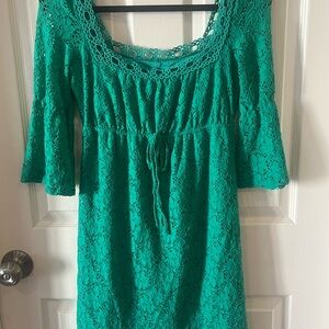 Laundry Flounce Sleeve Drawstring Lace Dress xs Teal
